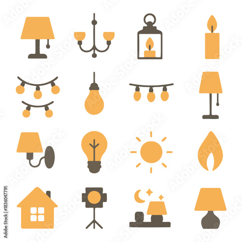 Illumination Icons: Collection of light-related icons, each representing a distinct source of illumination from modern lamps to classic candlelight.