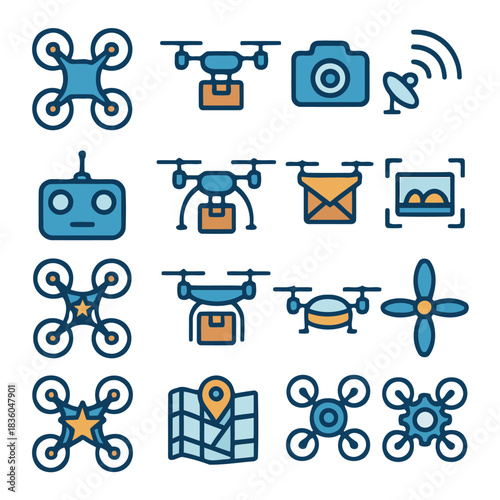 Drone Icon Set: Modern, vector graphic design showcasing a diverse collection of drone-related icons, each meticulously crafted to represent various aspects of unmanned aerial technology. 