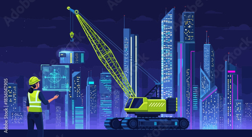 Cartoon depiction of a futuristic construction site with a female engineer overseeing operations