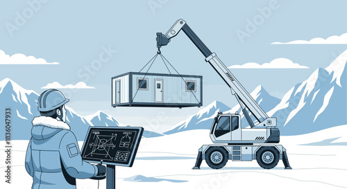Arctic outpost construction project with crane and engineer overseeing the operations
