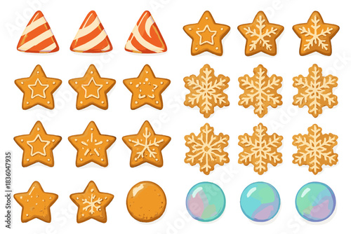 Colorful festive cookies shaped like stars, snowflakes, and holiday cones arranged for a seasonal treat display