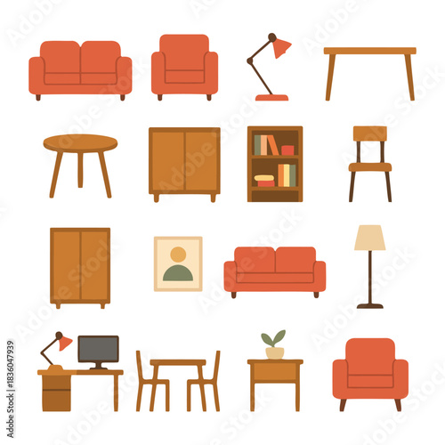 Furnishing Array: A comprehensive illustration of various furniture pieces. From sofas and armchairs to tables and lamps.
