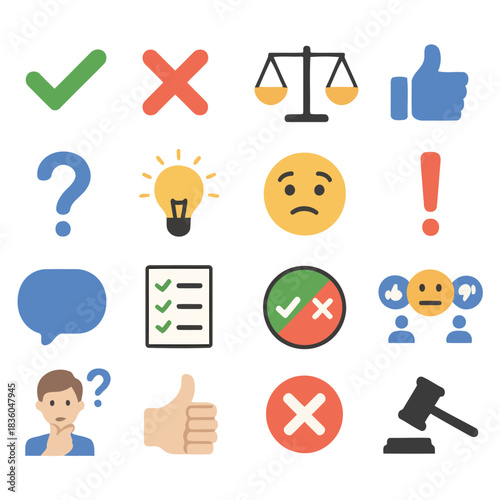 Decision Icons: A collection of illustrative icons representing various decision-making concepts, including choices, evaluation, and outcomes. 