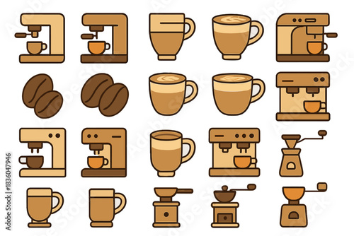 Coffee brewing tools and different types of cups in a simple, modern style