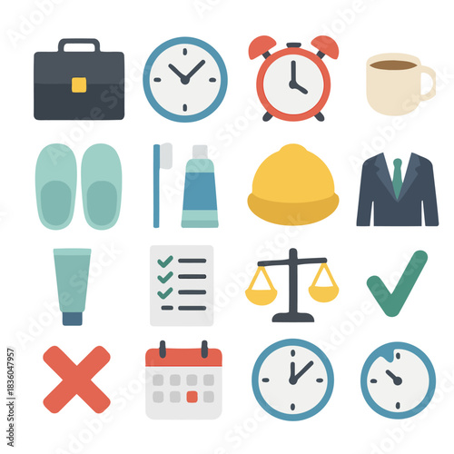 Business Essentials Icon Set: A neatly arranged collection of icons representing key elements for everyday business activity. Reflecting an efficient and organized approach