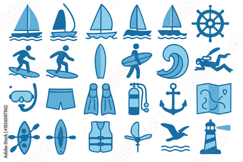 Sailing, surfing, and water activities icons in blue featuring sails, waves, divers, and nautical symbols for summer fun