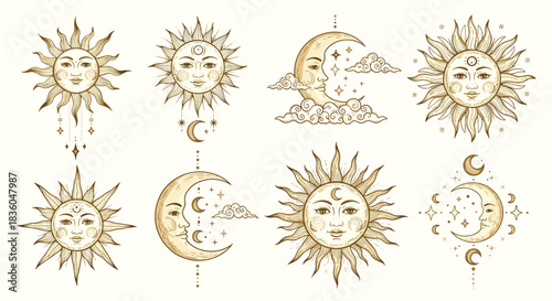 Vintage collection of celestial sun and moon illustrations with human faces clouds and stars drawn in a detailed esoteric engraving style.