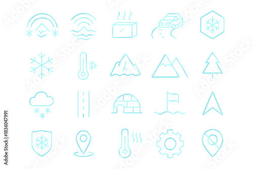 Various weather and nature icons representing temperature changes and outdoor activities in winter and summer