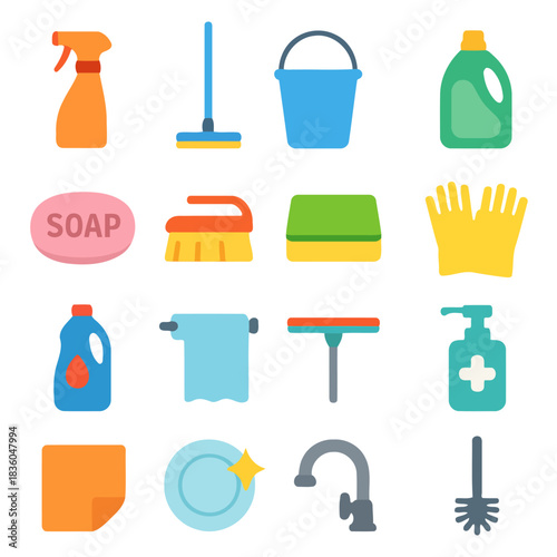 Cleaning Equipment Collection: A neat arrangement of cleaning essentials, showcasing a colorful array of items crucial for maintaining a fresh and tidy environment.
