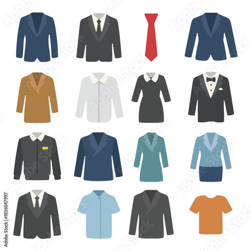 Versatile Formal and Casual Attire: A diverse collection of jackets, shirts, and ties, presenting options for a professional or relaxed demeanor, emphasizing choices and elegance.