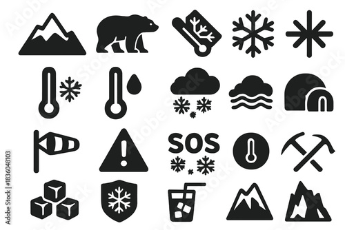 Symbols representing winter weather, nature, and outdoor activities in a simple graphic style