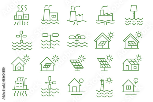 Collection of eco-friendly energy symbols showcasing renewable resources and sustainable practices
