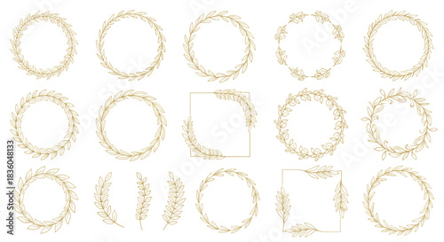 A large set of elegant golden botanical wreaths and frames with a delicate hand-drawn style for wedding invitation designs.