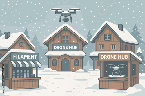 Drone hub in a snowy winter village with equipment displays and a flying drone above