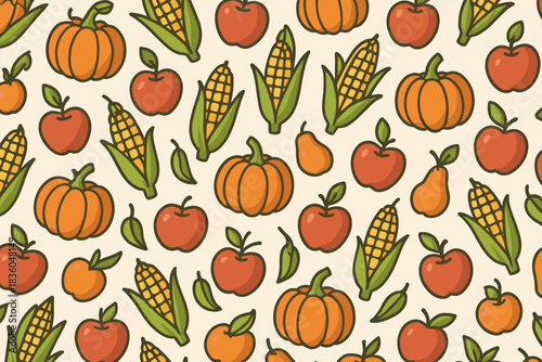 Fall harvest pattern featuring apples, pumpkins, and corn on a light background celebrating autumn bounty