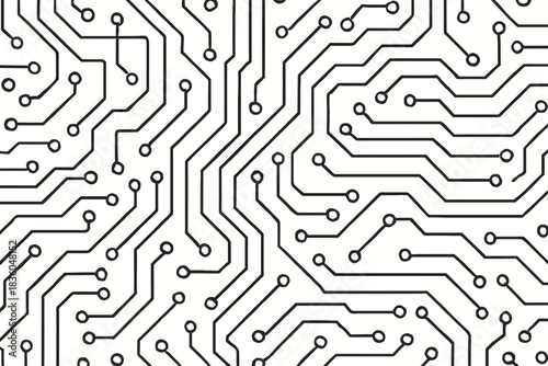 Circuit board design showcasing intricate patterns and connections in black and white, representing modern technology and innovation