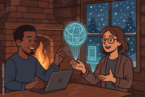 Two friends discussing technology by the fireplace during a snowy evening