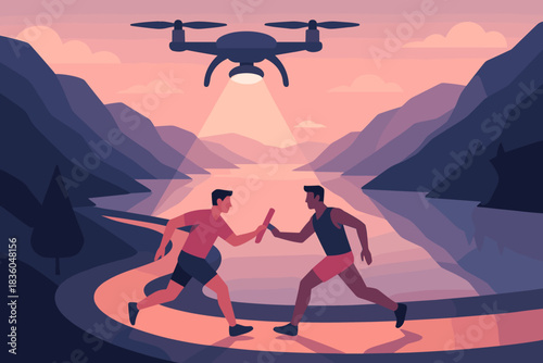 Two runners exchange a baton while a drone captures the moment over a scenic lake at sunset