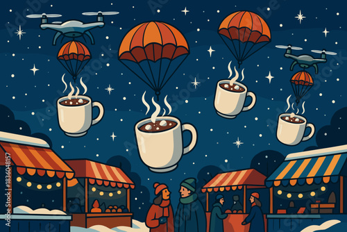 Winter market scene featuring coffee delivery by drone and people enjoying the festive atmosphere at night