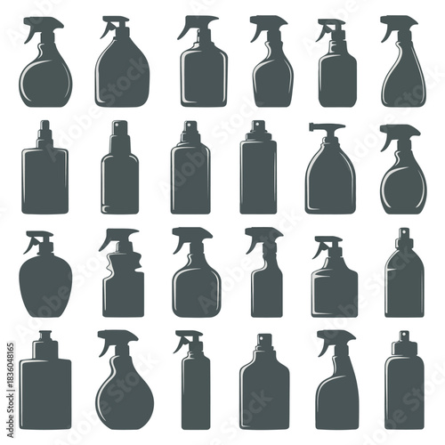 Collection of various spray bottles and containers in silhouette