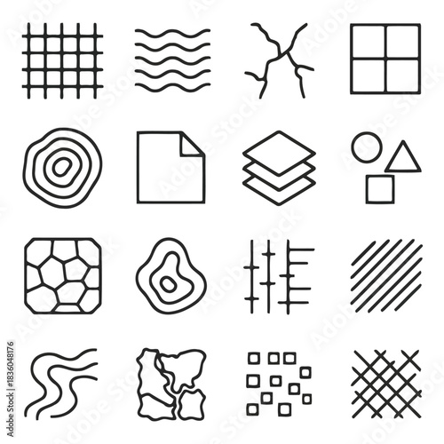 Iconic Texture Collection: A graphic assortment of textures, patterns, and designs, presented in a minimalist, outline style. Suitable for varied design applications.