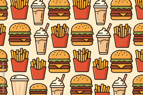 Colorful pattern of burgers, fries, and shakes on a light background often found in fast food restaurants or summer picnics