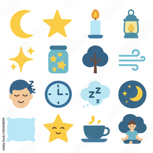 Sleep-Themed Icons: A charming collection of sleep-related icons evokes a sense of peace, relaxation, and the transition from day to night. Explore the magic of dreams, relaxation, and serenity.