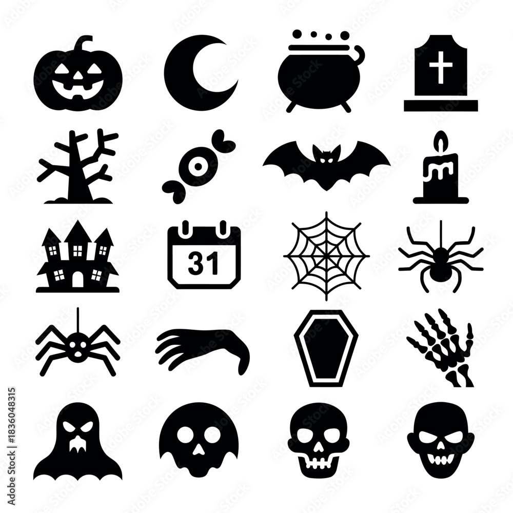 Obraz premium Collection of halloween icons and symbols in black silhouette