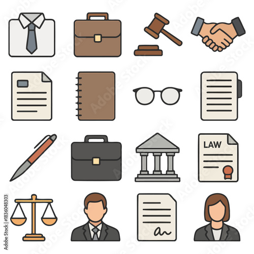 Legal Icons and Symbols: A collection of meticulously crafted icons represents various facets of law, justice, and the legal profession. From a gavel to a handshake, a notepad to a court.