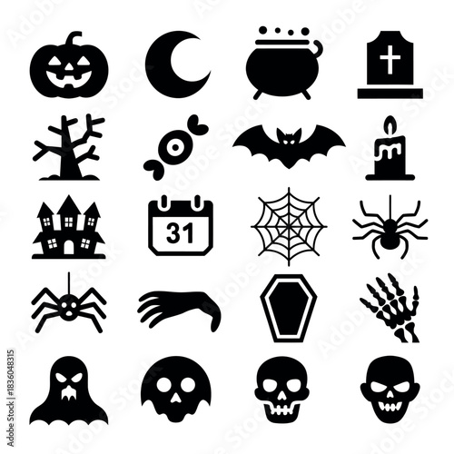 Collection of halloween icons and symbols in black silhouette