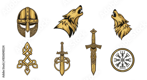 A collection of golden Viking and Norse mythology symbols including a helmet wolf swords and a Vegvisir compass.
