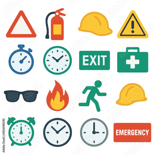 Emergency icons: A collection of vibrant icons, representing essential safety measures and time indicators for emergencies, designed to communicate crucial information effectively.