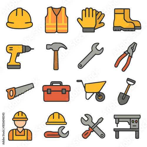 Construction Equipment: A comprehensive illustration of essential construction tools, safety gear, and equipment, meticulously arranged to showcase the core elements of the construction process.