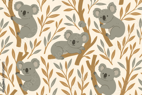 Colorful illustration featuring cute koalas resting among leaves and branches in a soft design for playful decor