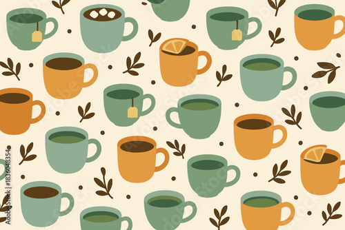 Colorful pattern of various mugs filled with drinks on a light background with plants