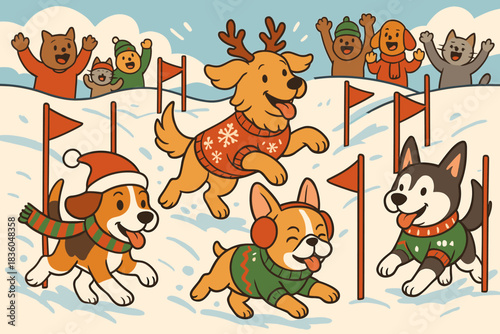 Festive dogs having fun in the snow during a winter celebration with joyful spectators in the background