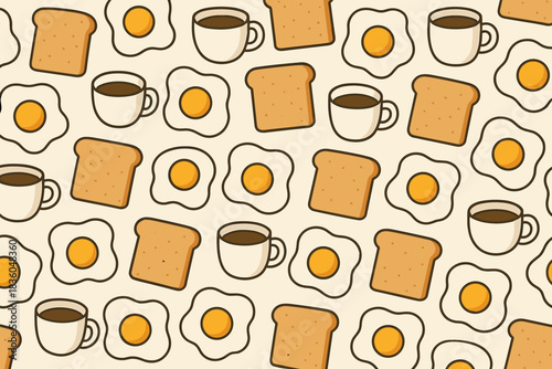 Breakfast patterns featuring eggs, toast, and coffee on a cream background
