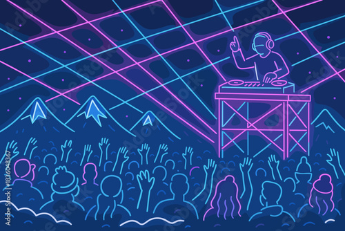 Vibrant outdoor music festival with DJ and colorful light show in a mountain setting