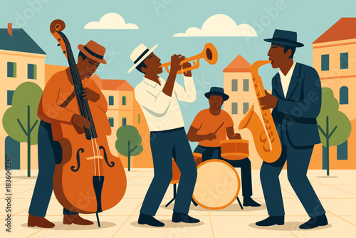 Jazz musicians perform lively music in an outdoor urban setting on a sunny day