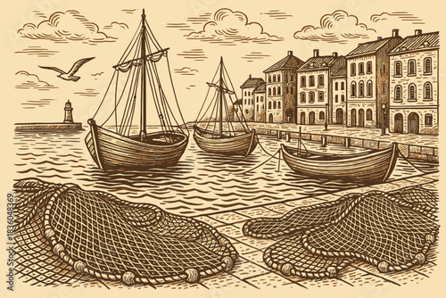 Boats docked by the harbor near historic buildings with fishing nets visible on the shore at sunset