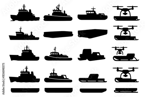 Different types of boats and drones in silhouette displayed in a creative layout