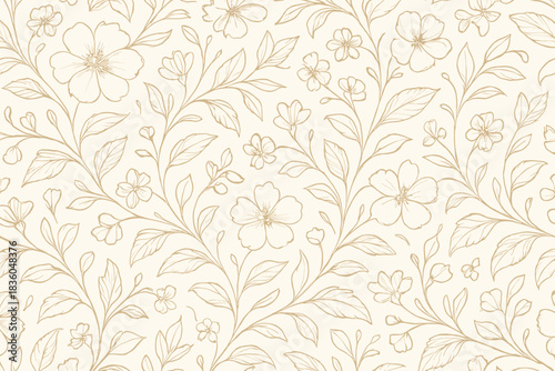 Floral pattern with delicate flowers and leaves on a soft beige background for elegant design projects