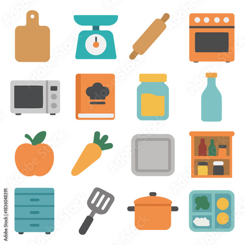 Culinary Essentials: A colorful collection of essential kitchen tools and ingredients, from measuring tools to fresh produce, perfectly arranged for culinary inspiration.