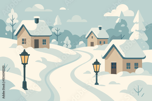 Winter scene with cozy houses along a snowy winding path in a serene landscape