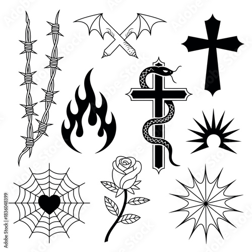 Gothic and occult tattoo design elements collection with crosses roses and flames