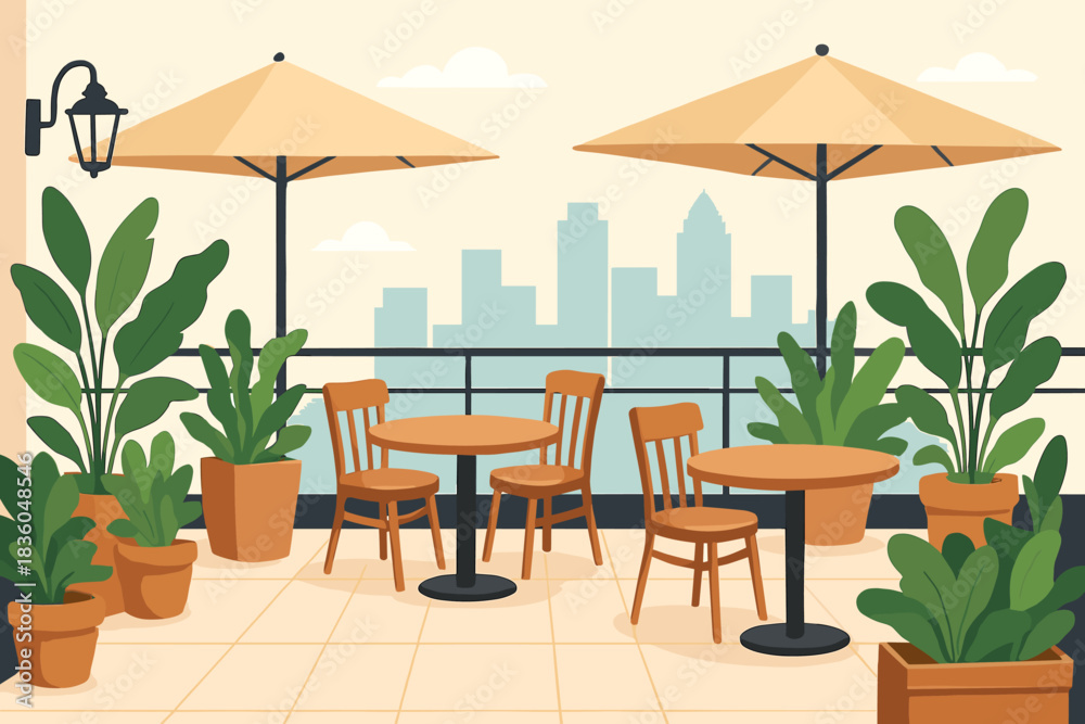 Fototapeta premium Outdoor cafe seating area with plants and city skyline in the background during daytime