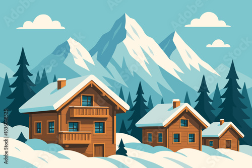 Beautiful winter scene with cozy wooden cabins surrounded by snowy landscape and snowy mountains under a clear blue sky