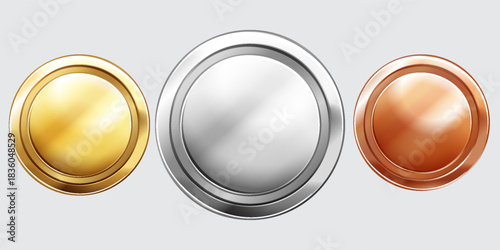 Set of blank gold, silver, and bronze medal circles. Metallic round shapes for award, achievement, competition