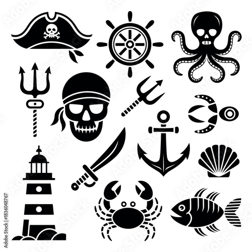Collection of pirate and nautical themed icons and illustrations