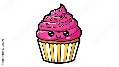 Cute Cupcake with Pink Frosting and Sprinkles, Kawaii Style.